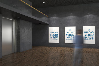 Mockup of Three Exhibition Posters Displayed at an Art Gallery 
