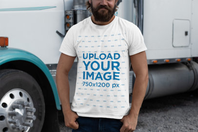 Mockup of a Cropped Face Man Wearing a T-Shirt in Front of a Truck