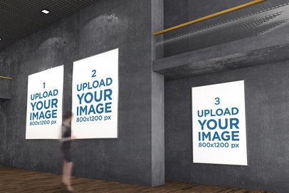 Mockup of Three Exhibition Posters at a Minimalistic Gallery