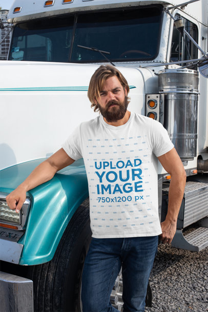 T-Shirt Mockup of a Bearded Man Leaning Against a Truck 