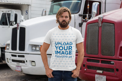 T-Shirt Mockup Featuring a Bearded Man in Front of Trailer Trucks