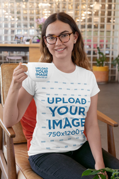 T-Shirt Mockup of a Woman with Glasses Holding a 24 oz Mug 29309