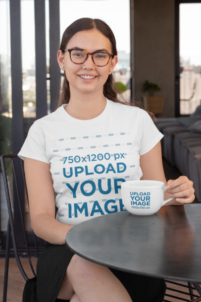  T-Shirt Mockup of a Woman Sipping on Her 24 oz Coffee Mug 29312