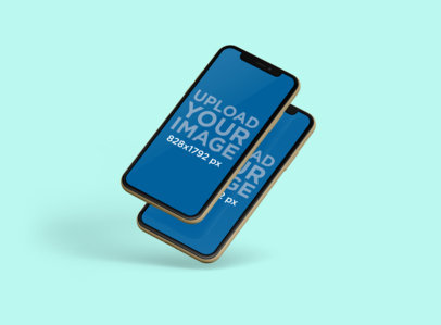 Mockup of Two iPhones 11 in Portrait Position Floating Against a Customizable Backdrop