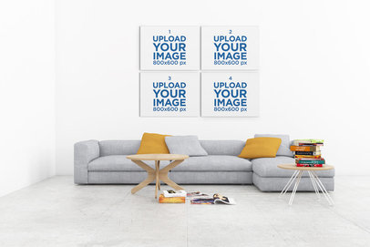 Mockup Featuring Four Art Prints Hanging on a Modern Living Room's Wall 