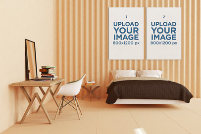 Mockup Featuring Two Art Prints Hanging on a Minimalist Bedroom's Wall 