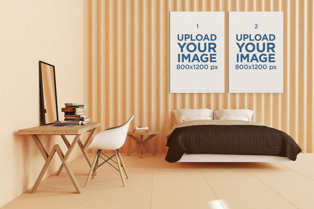 Mockup Featuring Two Art Prints Hanging on a Minimalist Bedroom's Wall 
