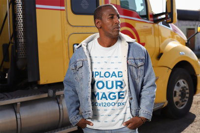 T-Shirt Mockup of a Man Posing in Front of His Truck