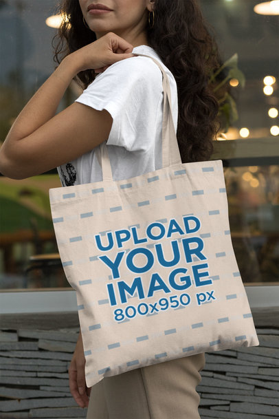 Mockup of a Long-Haired Woman with a Tote Bag