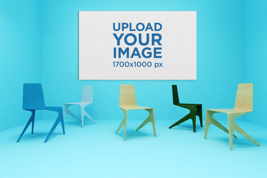 Horizontal Art Print Mockup Displayed in a Minimalistic Setting with Futuristic Chairs