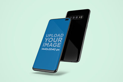 Mockup of Two Samsung Galaxy S10 Floating in a Minimalistic Setting