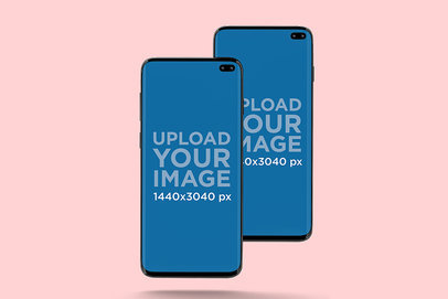 Mockup of Two Samsung Galaxy S10 in Portrait Position Against a Plain Backdrop 