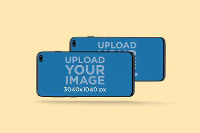 Mockup Featuring Two Samsung Galaxy S10 Floating Against a Solid Color Background 