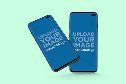 Minimal Mockup of Two Samsung Galaxy S10 Placed Against a Solid Color Backdrop 