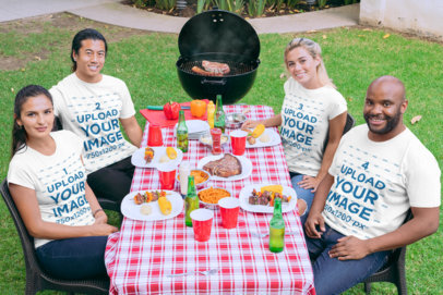 Mockup of a Group of Friends Wearing T-Shirts at a BBQ Party 