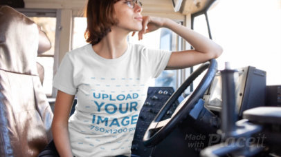 T-Shirt Video of a Short-Haired Woman at the Driver Sit of a Truck