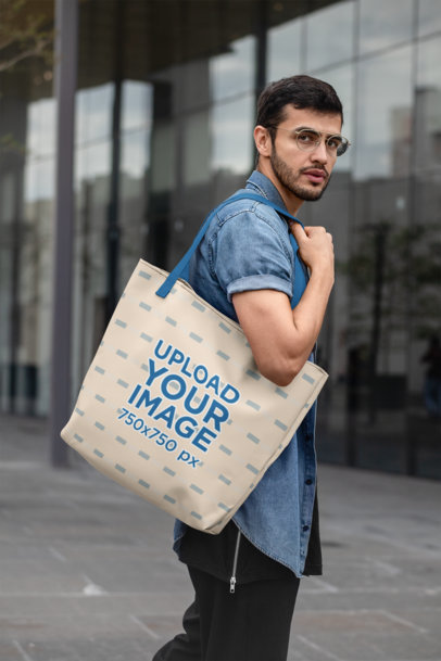 Mockup of a Man with a Tote Bag on the Street
