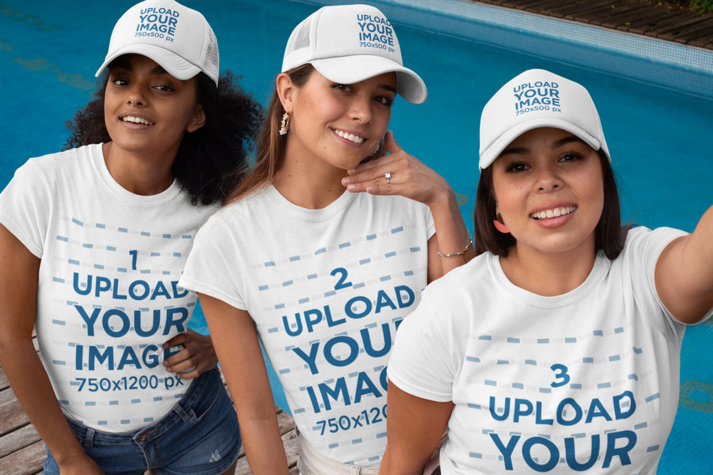 Shirt Mockup Featuring Three Women in a Bachelorette Party Wearing Matching Trucker Hats