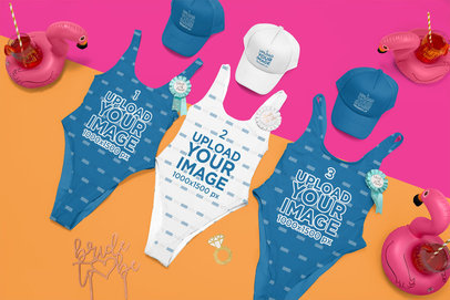 Mockup of Three Swimsuits and Trucker Hats for a Bachelorette Party Placed over a Bicolor Surface 