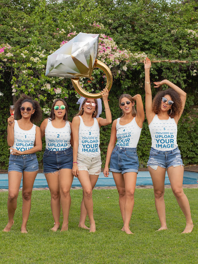 Tank Top Mockup Featuring Five Women at a Bachelorette Pool Party 29669