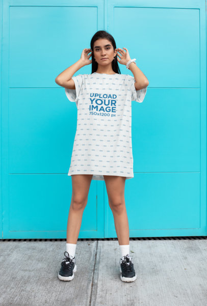 Shift Dress Mockup of a Woman Posing in Front of a Blue Door 29738