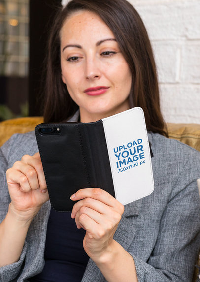 Wallet Case Mockup of a Woman Checking Her iPhone 8 Plus 29806