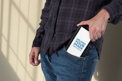 Mockup of a Man Putting a Wallet Case for iPhone 8 Plus in His Pocket 29829