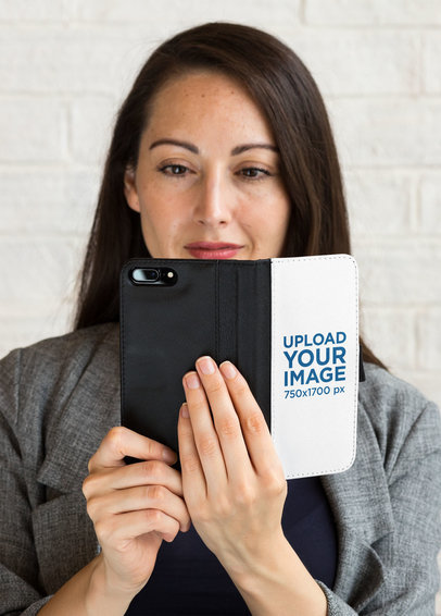 Mockup of a Woman Staring at an iPhone inside a Wallet Case 29804