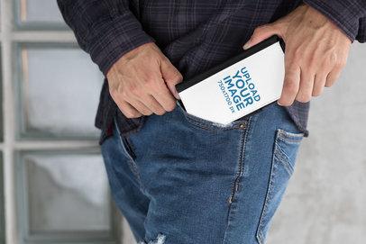 Wallet Case Mockup of a Man Putting His iPhone 8 Plus Inside His Pockets 29827