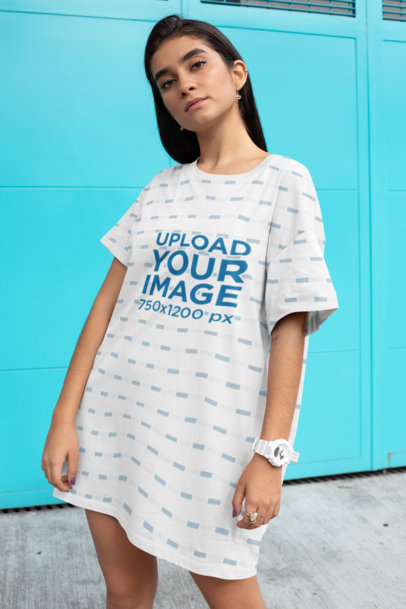 Shift Dress Mockup of a Woman Posing by a Garage