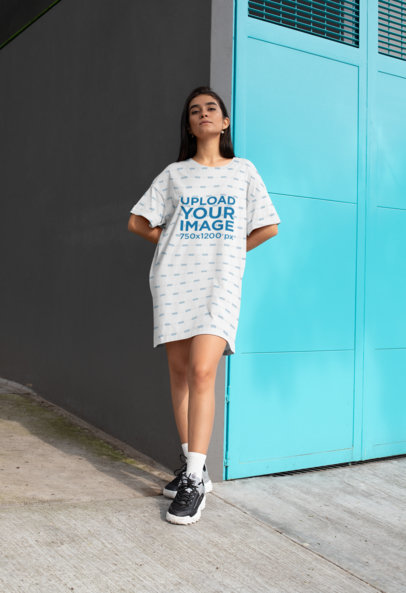 Shift Dress Mockup of a Woman Leaning Against a Wall 29742