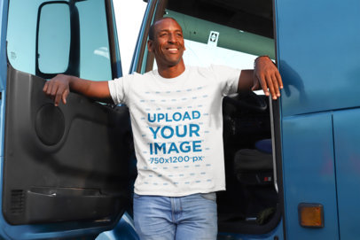 T-Shirt Mockup of a Truck Driver in the Cabin