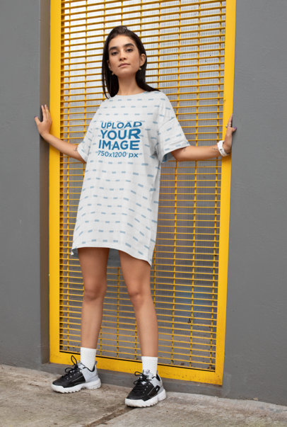 Shift Dress Mockup of a Woman Standing on a Yellow Door Frame 29743