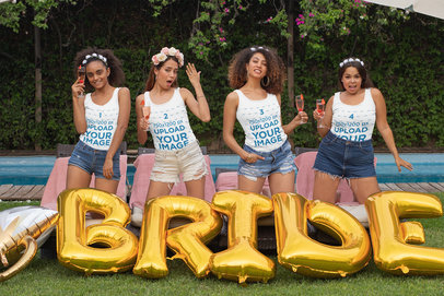 Tank Top Mockup Featuring a Group of Women at a Poolside Bachelorette Party