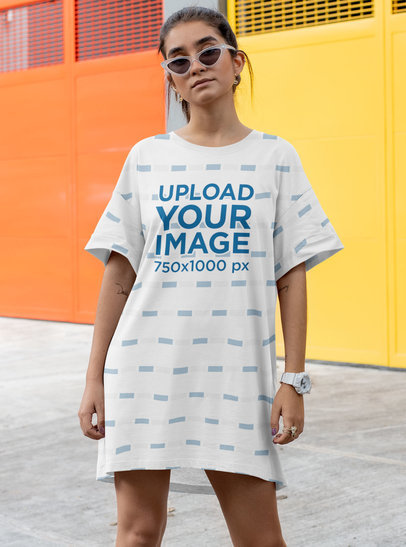 Mockup of a Woman with a Shift Dress Standing in a Colorful Street 29748