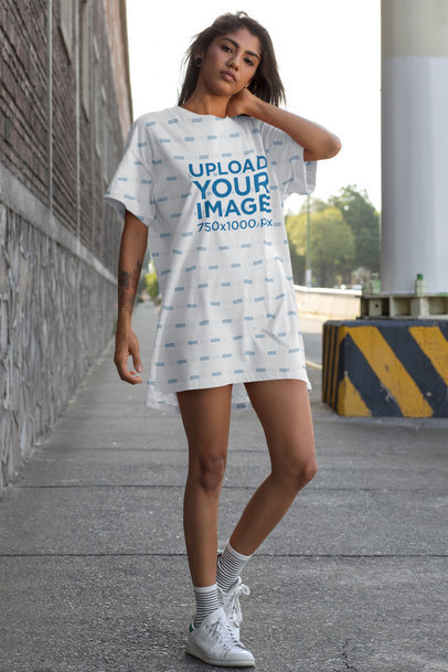 Mockup of a Young Woman with a Shift Dress Walking in the City 29730