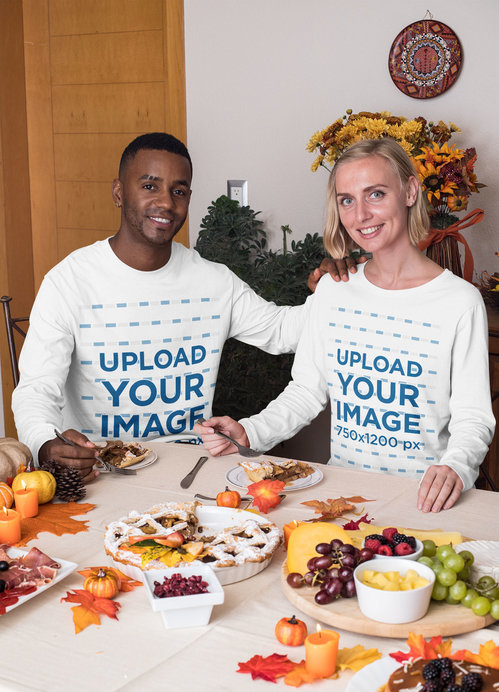 Long Sleeve T-Shirt Mockup of a Couple Having a Thanksgiving Dinner