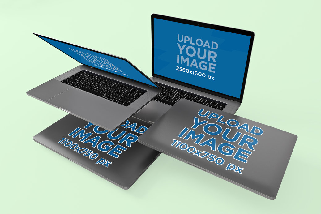 MacBook Pro Mockup Featuring Four Laptops Floating Together