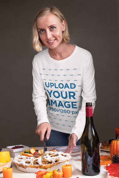 Long Sleeve Tee Mockup of a Woman Serving Pie