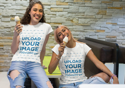 T-Shirt Mockup of Two Best Friends Eating Ice Cream 29619