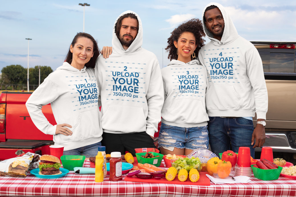 Mockup of a Group of Friends with Hoodies at a Tailgate Party 