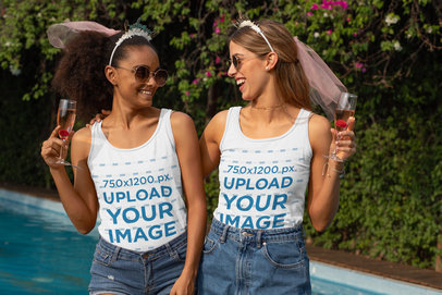 Mockup of Two Friends Wearing Tank Tops at a Bachelorette Party 29676