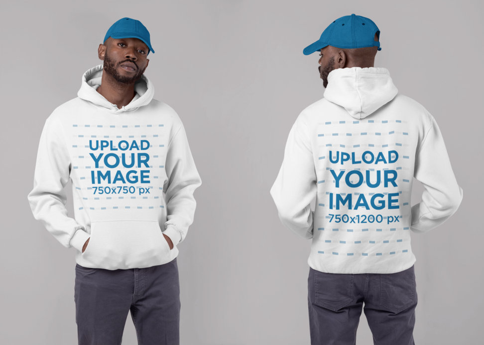 Both Sides Hoodie Mockup of a Man Wearing a Hat in a Studio
