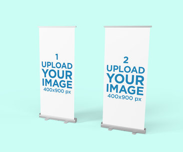 Roll-Up Banner Mockup Featuring Two Banners with a Plain Color Background