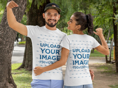 Front and Back Mockup of a Couple Pointing at Their T-Shirts