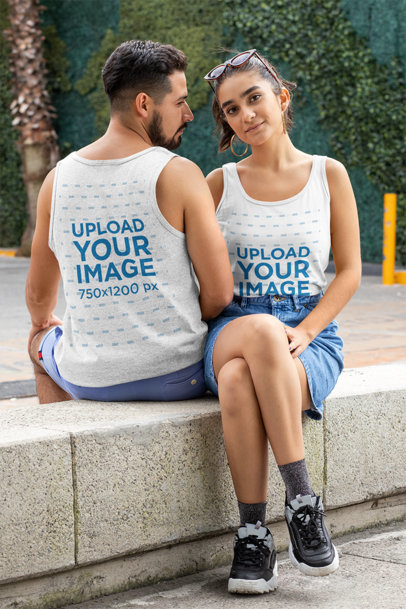 Front and Back Mockup of a Couple Wearing Tank Tops