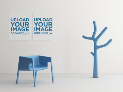 Mockup of Two Art Prints Hanging by Modern Plastic Furniture 338-el