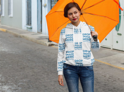 Hoodie Mockup of a Woman Walking in the Rain