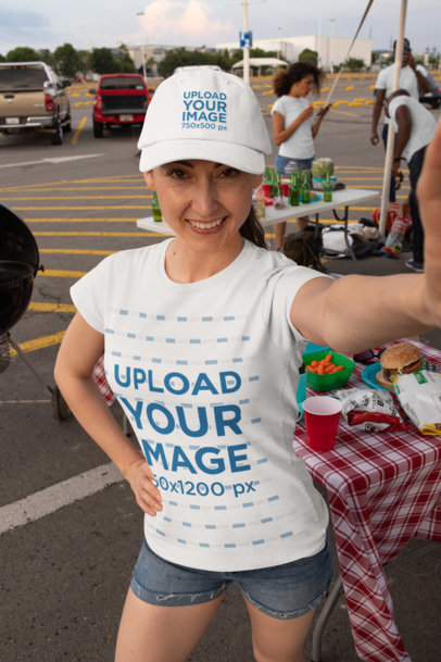 Dad Hat Mockup of a Woman with a T-Shirt Taking a Selfie at a Tailgate Party