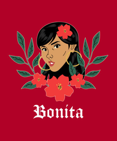 T-Shirt Design Template Featuring a Latina Woman with Flowers and Plants